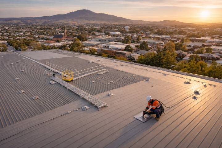 Aerial view of a worker inspecting a massive industrial roof with safety walkways.