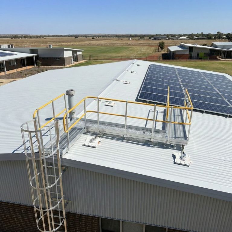 Elevated yellow safety platform with handrails on a commercial metal roof.