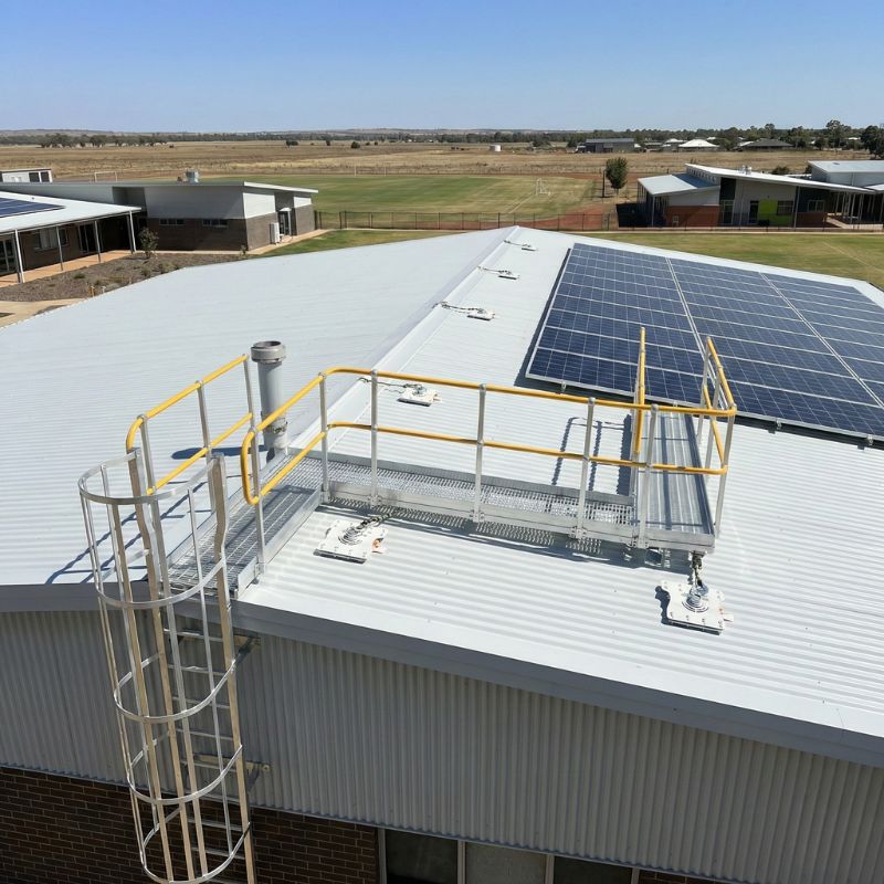 Elevated yellow safety platform with handrails on a commercial metal roof.