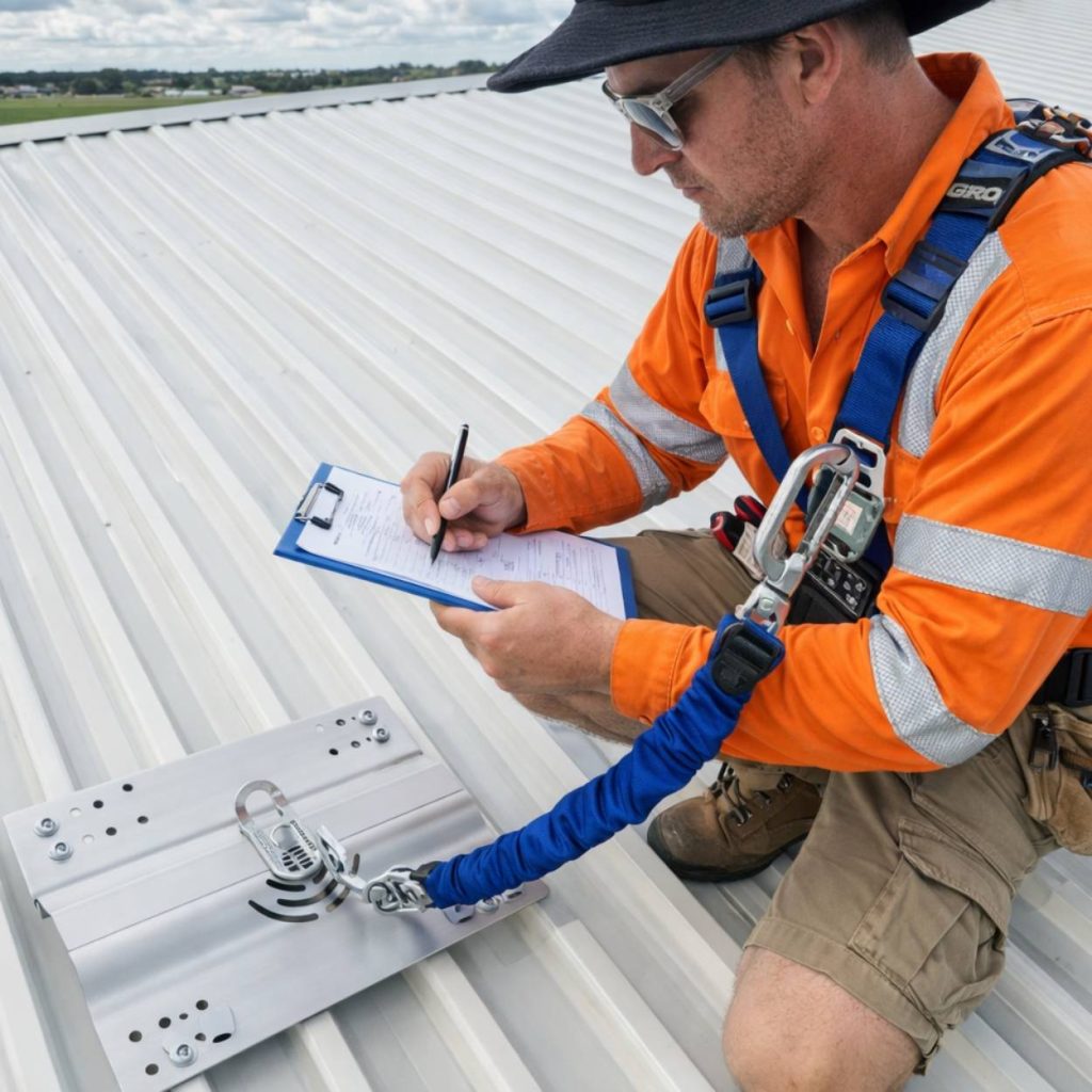 A safety inspector in high-vis gear filling out a checklist on an Australian roof.