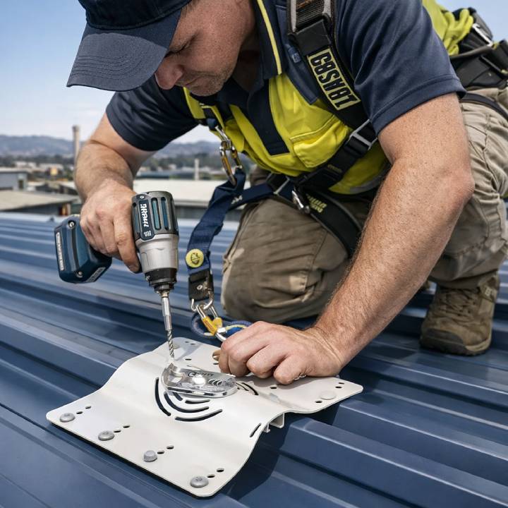 Close-up of a technician drilling a safety anchor into a blue metal roof.