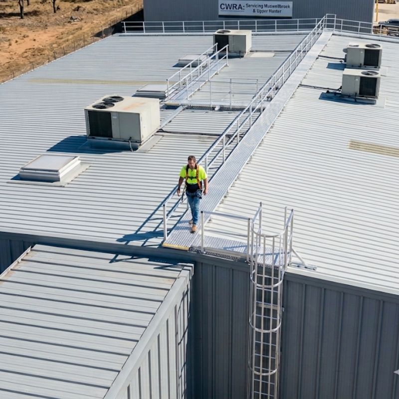 Jake Voican from Central West Roof Anchors walking along a Kattsafe aluminium roof walkway on an industrial roof in Muswellbrook, NSW.